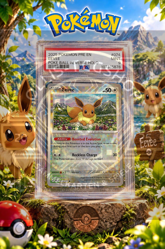 Pokémon Eevee 074 Prismatic Evolutions Poké Ball Reverse Holo Englisch – PSA 9 Mint