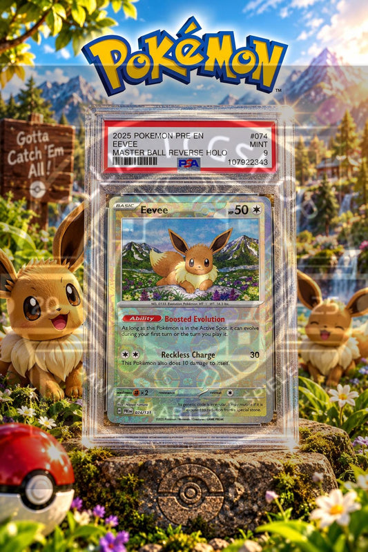 Pokémon Eevee 074 Prismatic Evolutions Master Ball Reverse Holo Englisch – PSA 9 Mint