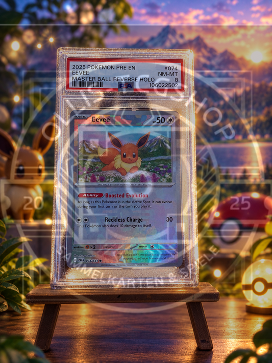 Pokémon Eevee 074 Prismatic Evolutions Master Ball Reverse Holo Englisch – PSA 8 NM-MT