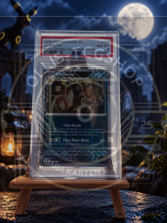 Pokémon Umbreon 059 Prismatic Evolutions Master Ball Reverse Holo Englisch – PSA 8 NM-MT
