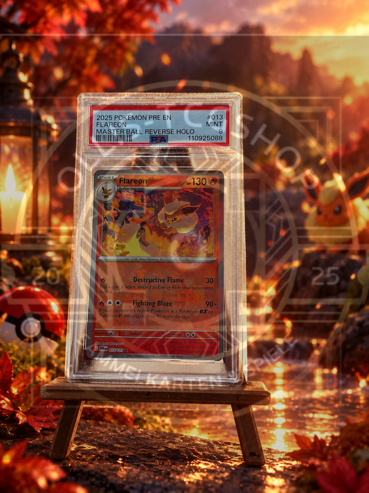 Pokémon Flareon 013 Prismatic Evolutions Master Ball Reverse Holo Englisch – PSA 9 Mint